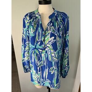 Lilly Pulitzer Elsa Green Blue Crush Bamboom Silk Blouse Top SM